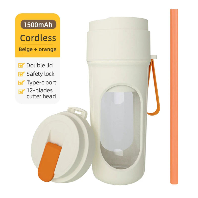 Portable Blender Electric Juicer 450ml 12 Blades USB Charging Mini Mixing Cup Smoothie Milkshake Fruit Juice Cup with Straw