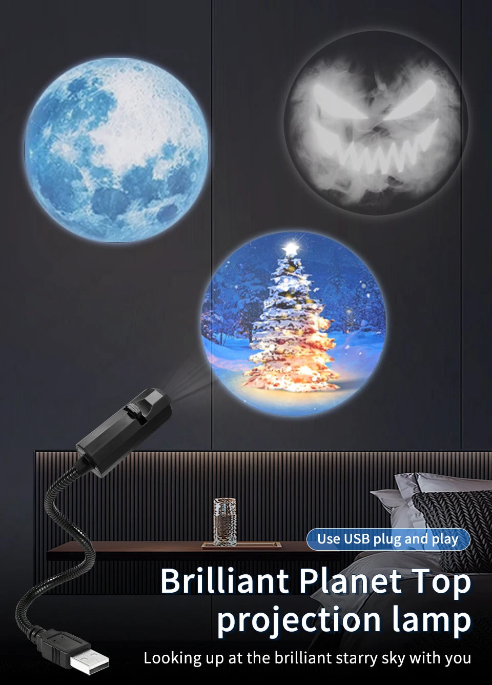 Led Halloween Moon Lamp USB Projector Night Light Christmas Holiday Ornaments for Ceiling Wall Atmosphere Mood Light Adjustable