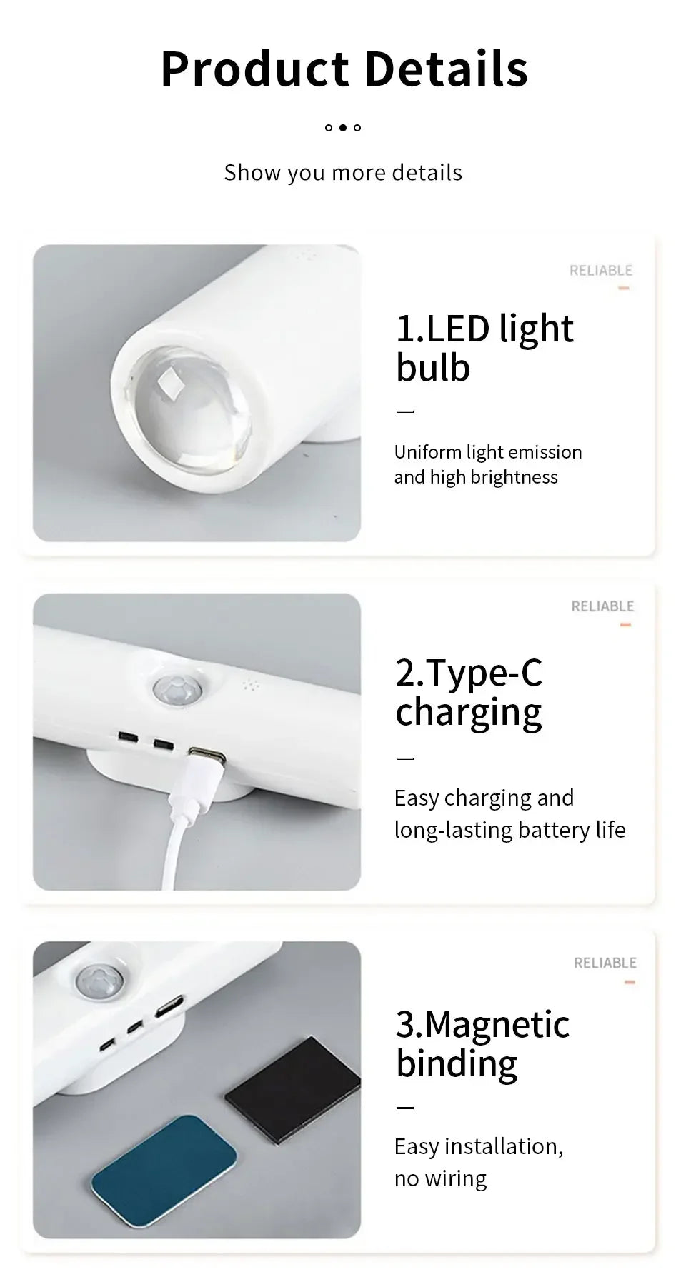 Motion Sensor Night Light 7 Color Change LED Wireless Wall Lamp Magnetic Rechargeable Spotlight for Bathroom Bedroom Living Room