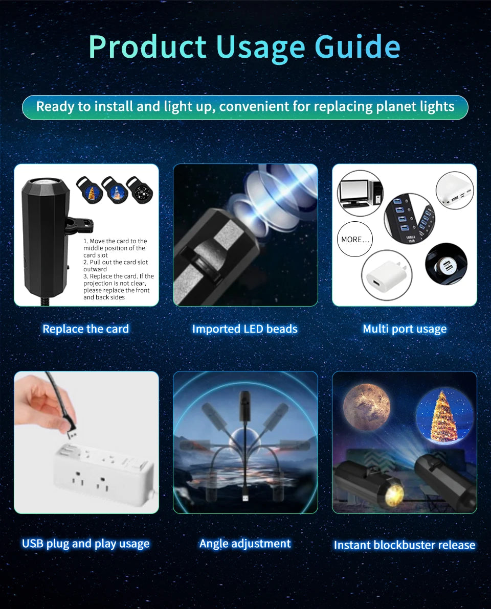 Led Halloween Moon Lamp USB Projector Night Light Christmas Holiday Ornaments for Ceiling Wall Atmosphere Mood Light Adjustable