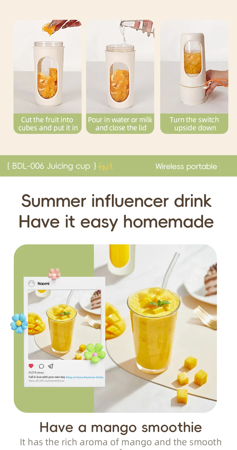 Portable Blender Electric Juicer 450ml 12 Blades USB Charging Mini Mixing Cup Smoothie Milkshake Fruit Juice Cup with Straw