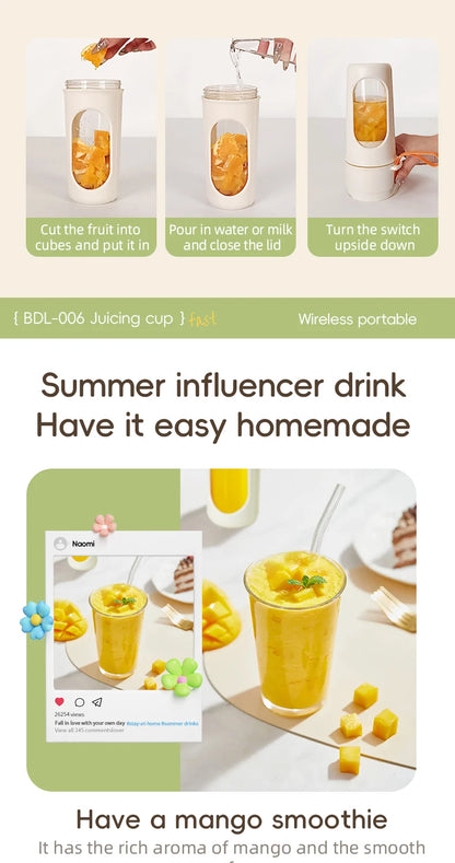 Portable Blender Electric Juicer 450ml 12 Blades USB Charging Mini Mixing Cup Smoothie Milkshake Fruit Juice Cup with Straw