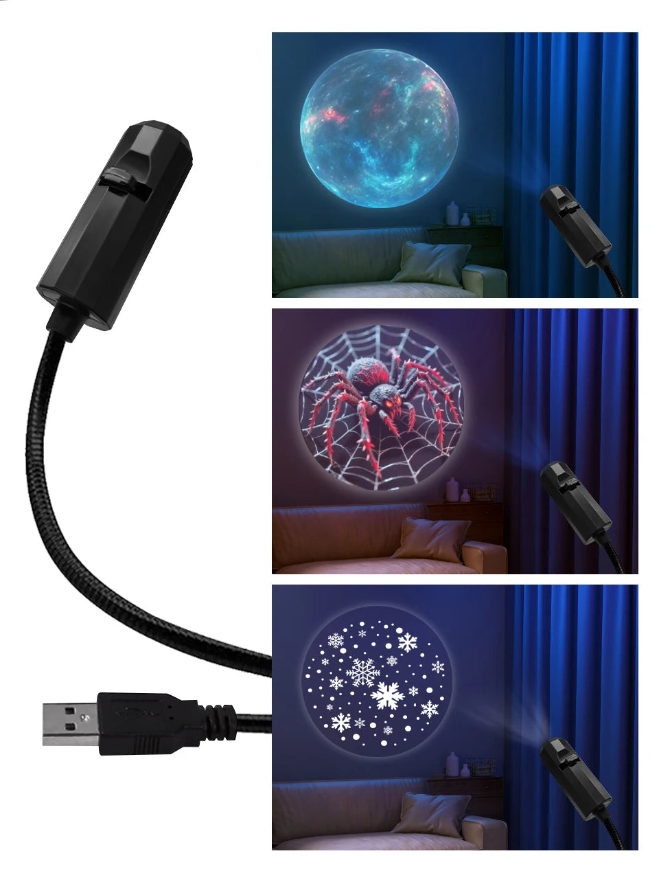 Led Halloween Moon Lamp USB Projector Night Light Christmas Holiday Ornaments for Ceiling Wall Atmosphere Mood Light Adjustable