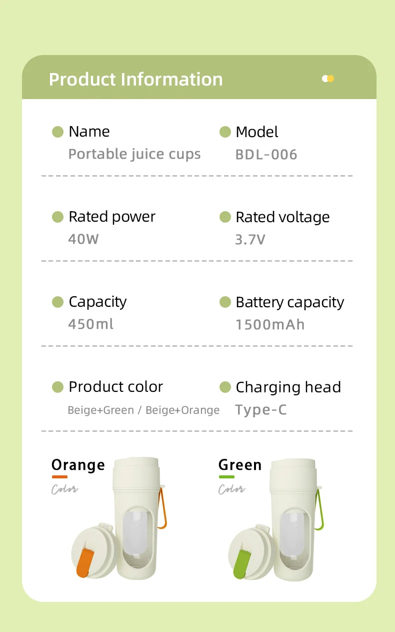 Portable Blender Electric Juicer 450ml 12 Blades USB Charging Mini Mixing Cup Smoothie Milkshake Fruit Juice Cup with Straw