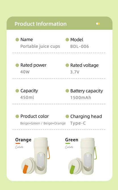 Portable Blender Electric Juicer 450ml 12 Blades USB Charging Mini Mixing Cup Smoothie Milkshake Fruit Juice Cup with Straw